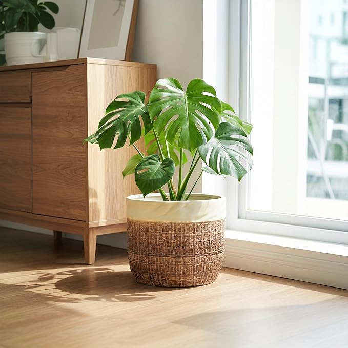 Ceramic Planter - 9.8 Inch Plant Pot for Indoor Outdoor Plants, Boho Ceramic Plant Pots with Drainage Hole and Plug, Round Indoor Planter, Garden Decor, Gardening Gifts for Women, Brown