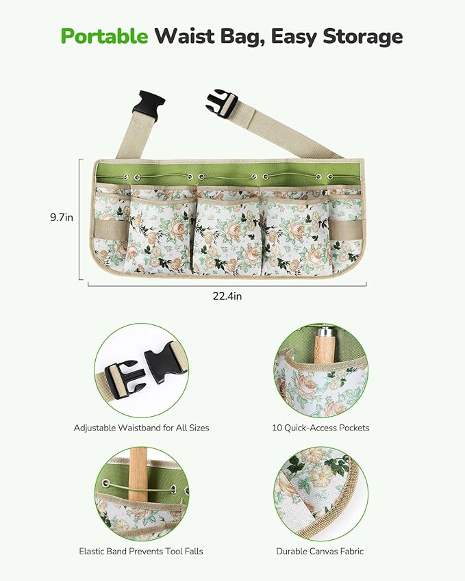 Grenebo All-in-One Garden Tool Set with Tools Organizer Belt Adjustable, 10-Piece Gardening Hand Tools, Long Lasting Rust-Proof Premium Garden Tool Kit, Gardening Gift for Women Men (Green)