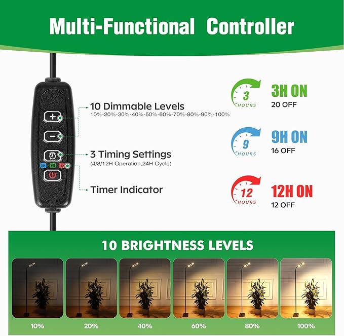 Plant Lights for Indoor Growing, Cord Hidden Standing Grow Lights for Indoor Plants, 20w Full Spectrum LED Grow Lamp for Indoor Plants,3/9/12 h Timer,10 Brightness,70" Height Adjustable, Black