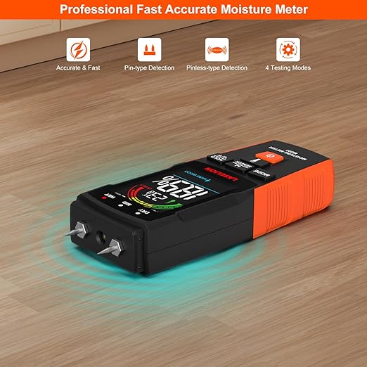 LASELION 2-in-1 Pin & Pinless Moisture Meter MS03 – Accurate Moisture Detection for Wood, Concrete, Drywall, and More – LCD Display with Hold Function, Flashlight, and Auto Power Off