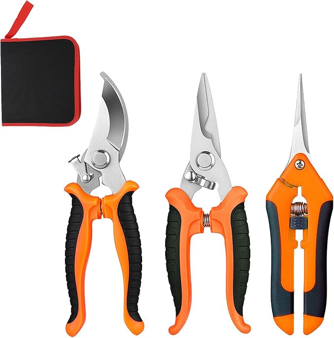 3PCS Garden Pruning Shears Set - Heavy Duty Bypass Pruners, Sharp Stainless Steel Gardening Scissors with Ergonomic Handle, Secateurs for Plants, Flowers, Fruit Trees, Bush Trimming (Orange)