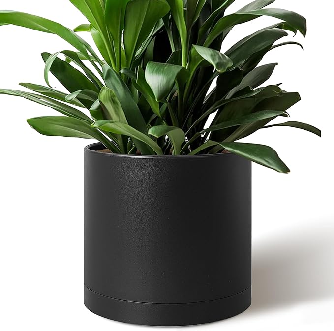 Giraffe Creation 12-Inch Round Cylinder Plant Pot, Modern Indoor/Outdoor Planter with Drainage Hole, Saucer & Water Reservoir, Black