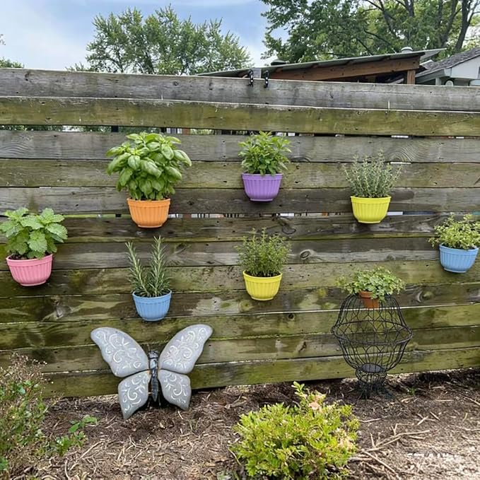 ORIMERC 8 Pack Colorful Wall Hanging Planters for Indoor Outdoor Plants, Wall Hanging Plant Holder with Drainage Hole, Balcony planters Railing Hanging Pot, Plant Wall Mount Decor with Hooks/Screws