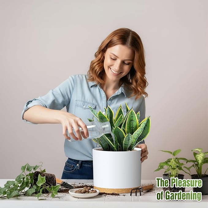 10/9/8 Inch Large Plant Pots with Drainage Holes and Trays, 3 Pack Modern Minimalist Cylinder Planters for Monstera, Snake Plant, Indoor Outdoor (Matte White & Brown)