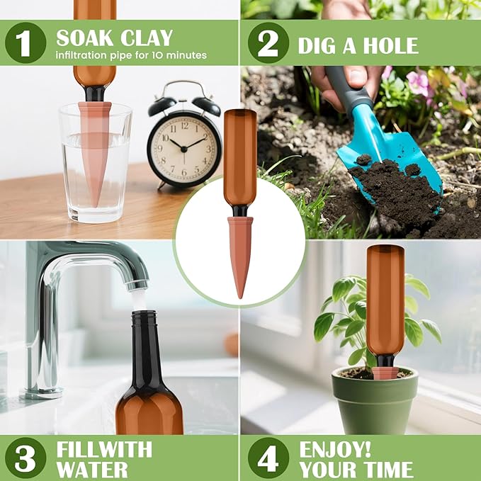 12 Pcs Self Watering Spikes for Plants Terracotta Automatic Plant Waterer Stakes with(25.5 Oz) Plastic Bottles, 6 Set Self Watering Globes Keep Plants Watered for 7-9 Days (Brown)