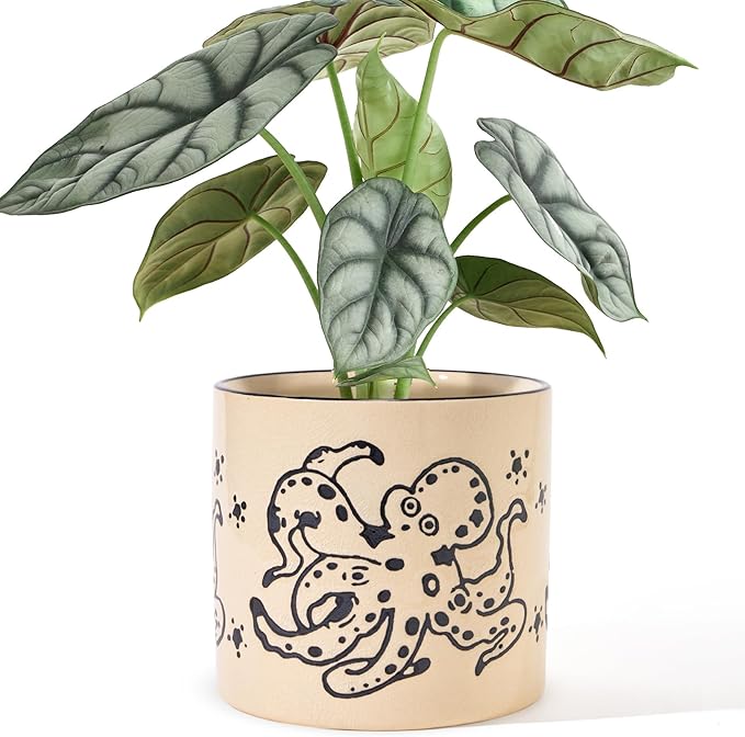 STHIE 5 Inch Ceramic Plant Pots with Drainage Holes, Small Round Flower Pots for Indoor Plant, Unique Animal Flower Planters (Octopus)