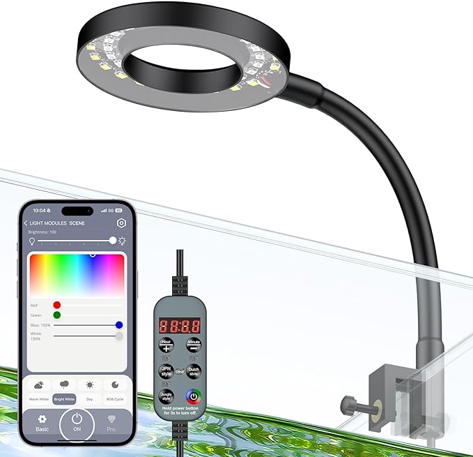 Pawfly Aquarium Light, 6 W Bluetooth Fish Tank Light, Full Spectrum Clip On Aquarium Lights for 1-5 Gallon Tanks, USB 24/7 LED Lights with Timer & Adjustable Brightness (Adapter Not Included)