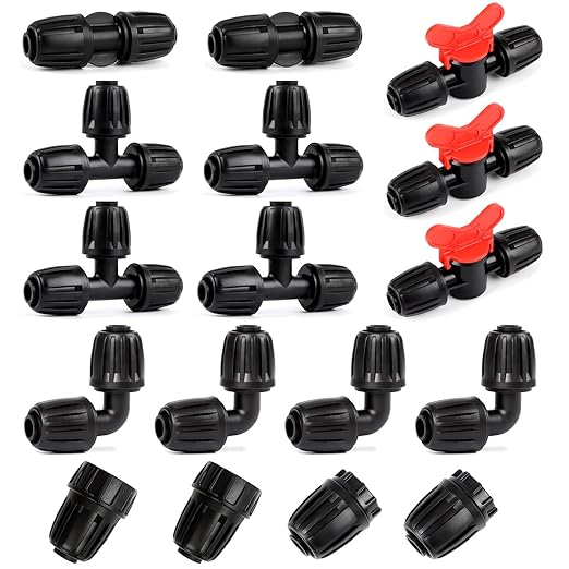 RedChili 17 Pcs 1/2 Inch Irrigation Tubing Fittings Kit, (1/2" ID x0.6-0.65" OD) 16mm Drip Tubing Barbed Locked Nuts Connectors with 2 Couplings 4 Tees 2 Ends 4 Elbows 3 Valves 2 Faucet Adapters