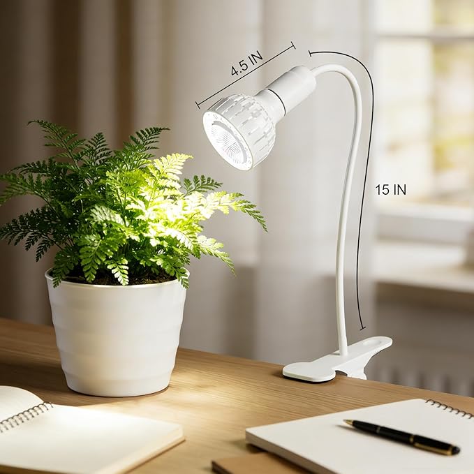 LED Grow Light, 5000K White Full Spectrum Clip-on Gooseneck Plant Lamp for Indoor Desk Plants Growing with 4/8/12H Timer, Bulb Replacement & Smart Plug Compatible(12W Equivalent 80W)