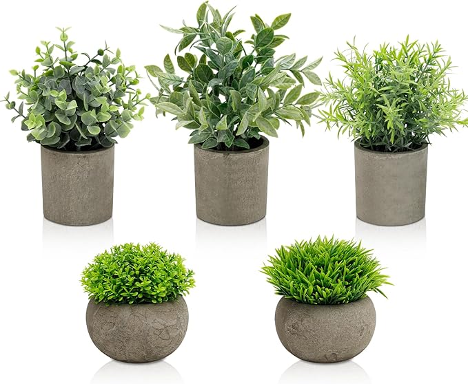 AUUGUU Artificial Potted Plants Faux Greenery in Cement Pots for Shelf, Bookshelf, Office or Home Decor, Small Decorative Fake Plants for Modern Indoor Display