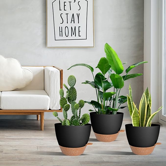 Vanslogreen Planters for Indoor Plants 3 Pack, 10/9/8 Inch Self Watering Flower Pots with Drainage Hole, Plastic Large Plant Pots (Black)