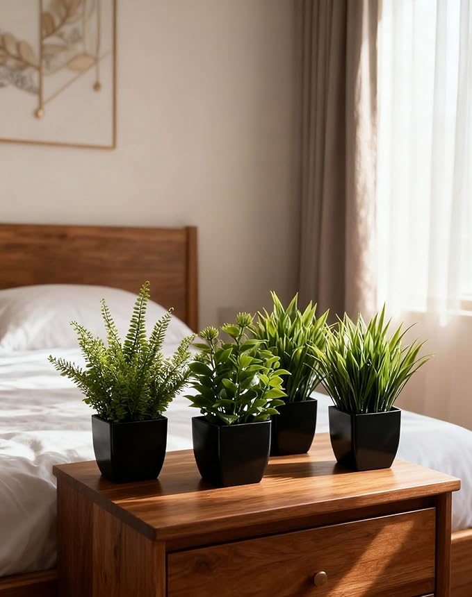 4 Pack Small Artificial Plants in Pots, Faux Mini Potted Fake Greenery Assortment for Home Office Desk Decor, Realistic Lifelike Plastic Foliage Indoor Outdoor Decoration