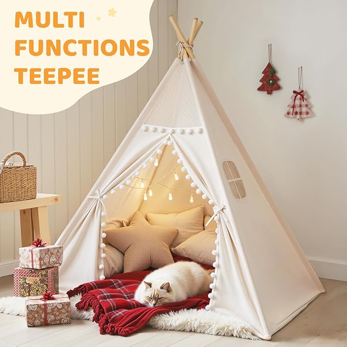 Sumbababy Kids Teepee Tent for Toddlers, Washable Indoor Tipi Sleepover Tent with Lights, Slumber Party Tent for Girls & Boys, Foldable Play Tents Gift Toy