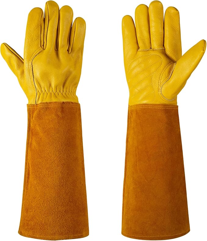 Thorn Proof Gardening Gloves for Men & Women, Long Cowhide Leather Rose Pruning Gloves with Forearm Protection, Puncture Resistant Gauntlets for Cacti, Blackberries & Yard Work(Butter Yellow,L)