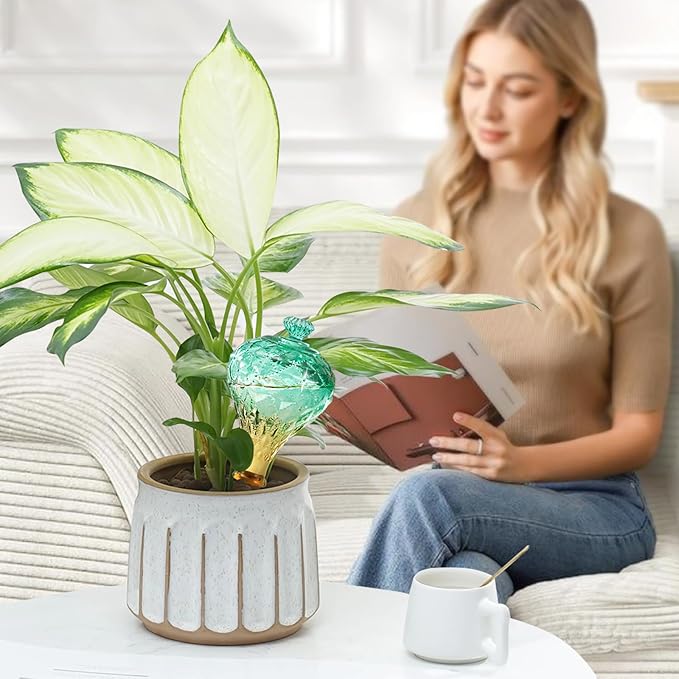 12 oz Plant Watering Globes, Green Glass Self Watering Bulbs Top Fill with Terracotta Spikes Stake, Self Watering Planter Insert Vacation Automatic Plant Waterer Device for Indoor & Outdoor
