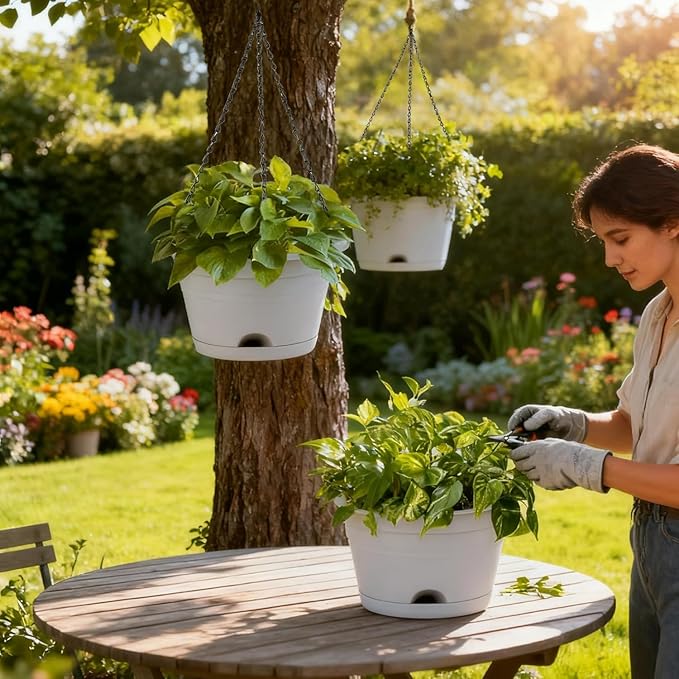 Nooulap 4 Pack Hanging Planters, 10 Inch Hanging Plant Pot with Hanger Chain & Drainage Trays, Hanging Baskets for Plants Outdoor Indoor, Flowers Pots for Home, Garden, Porch Decor (Grey)