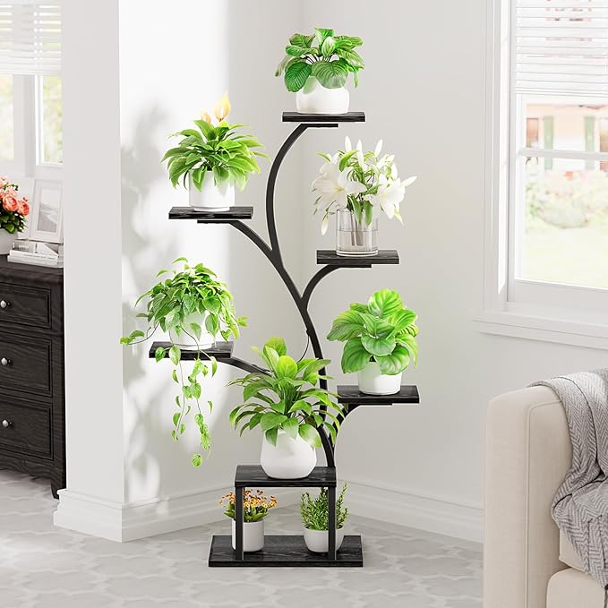BACEKOLL Plant Stand Indoor with Grow Lights, 7 Tiered Indoor Plant Shelf, 49" Corner Plant Stands for Indoor Plants, Metal Plant Flower Display Shelf, Tree-Shaped Plant Rack for Home, Black