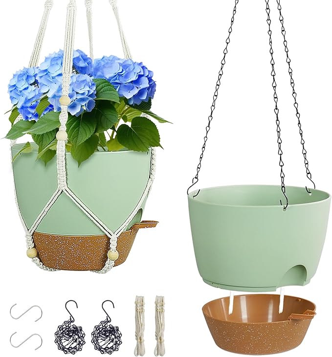 Meowell 10 inch Self Watering Hanging Planters for Indoor Plants, 2 Pack Hanging Baskets for Outdoor Plants, Hanging Flower Pots with Drainage Holes & 2 Kinds of Plant Hangers for Home Decor, Green