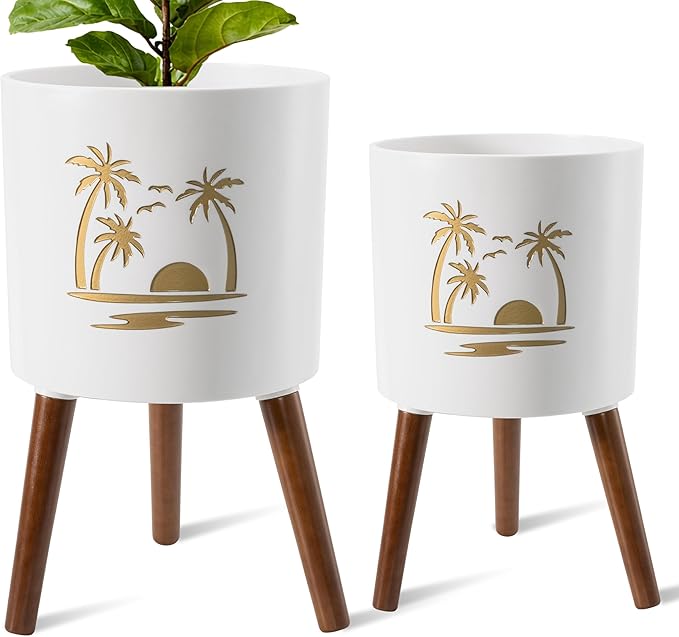 2 Set Plant Pot with Stand 10 & 12 inches – Large Indoor Pots for Plants with Solid Oak Wood Stand & Drainage, Palm，White ＆ Gold