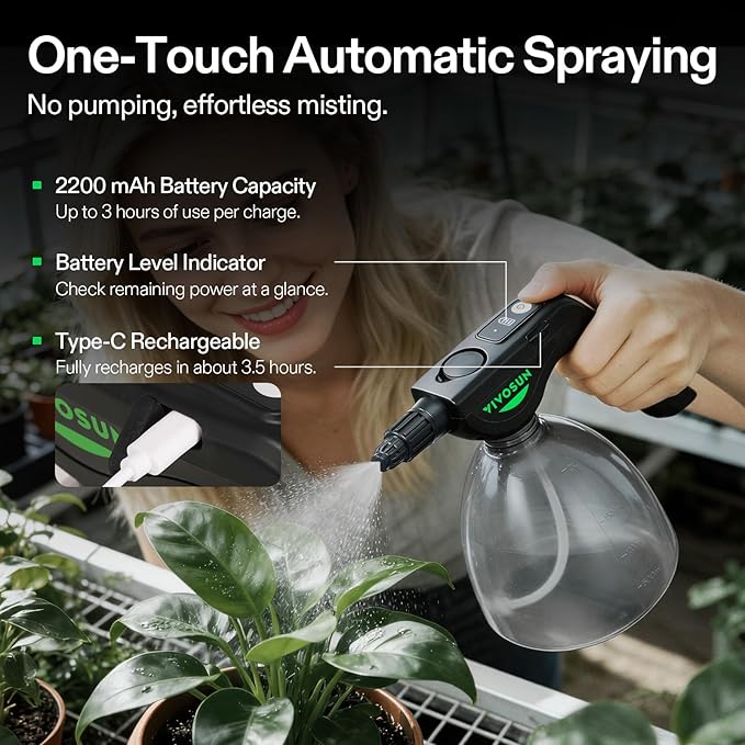 VIVOSUN Battery Powered Sprayer 0.5Gallon, Electric Spray Bottle USB Rechargeable, Automatic Water Pump Plant Mister with Adjustable Pressure, Easy to Refill, 2.2 Ah Battery