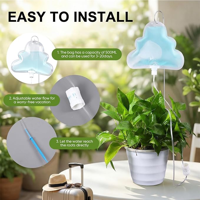 Zhengmy 12 Pcs Cloud Plant Self Watering Drip Water Bag with Flow Regulator, Automatic Plant Self Watering System with 500ml Drip Water IV Bag and Support Rod Stake for Potted Indoor Outdoor Waterer