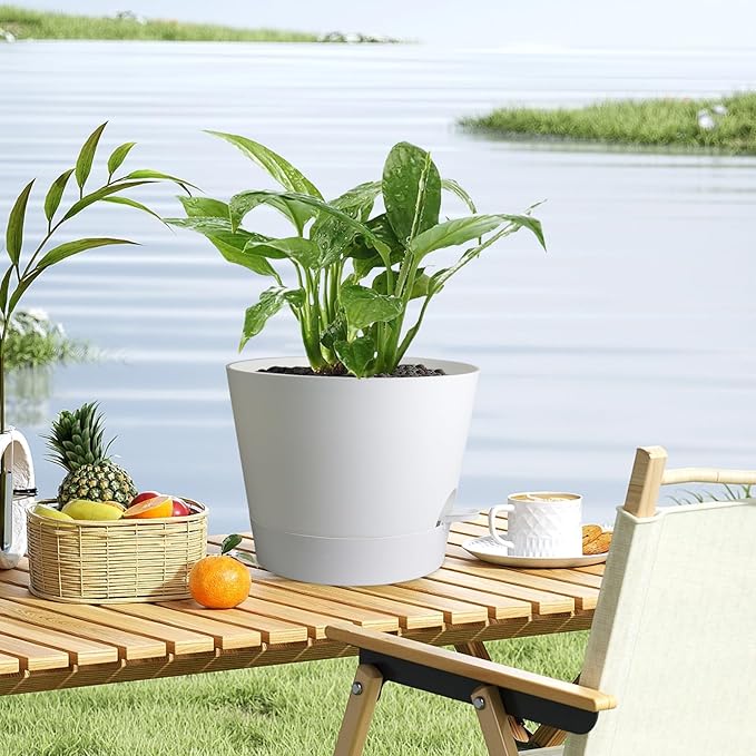 Meowell 12 inch Large Self Watering Pots for Indoor Outdoor Plants, Flower Plant Pots with Mesh Drainage Holes for Garden House, Plastic Planters with Reservoir for Home, White