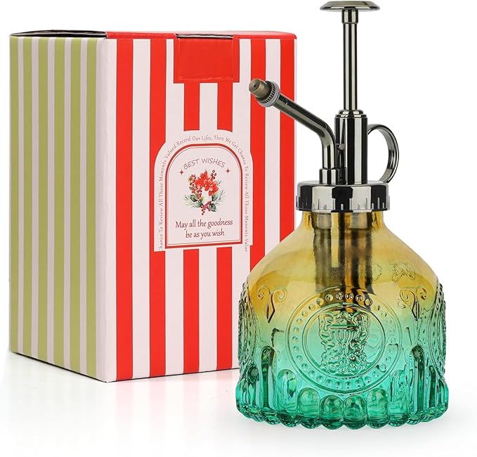 T4U Glass Plant Mister 200ML, Vintage Spray Bottle with Top Pump Fine Mist Garden Flower Sprayer Small Decorative Spritzer Watering Can Gift for Indoor Outdoor Succulent House Plant (Gradient Color)