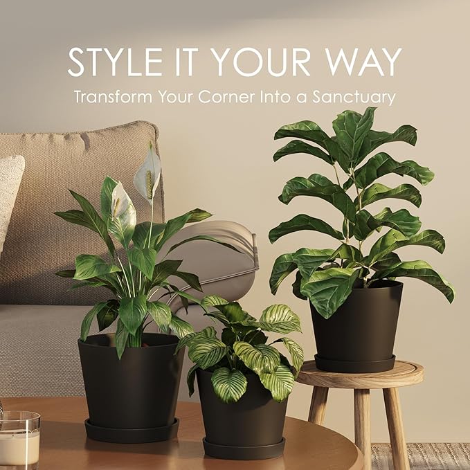 Bamworld 3 Pack Plastic Plant Pots with Drainage Holes and Saucers 6/7/8 Inch 5mm Thick Modern Decorative Flower Pots for Indoor Outdoor Plants Black