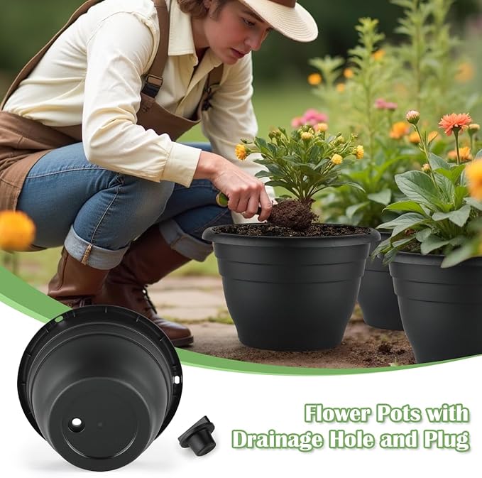 RooTrimmer 3 Pack 11 Inch Plant Pots,Plastic Flower Pots with Drainage Holes,Lightweight Durable Planters for Indoor Outdoor Plants,Modern Decorative Pots for Patio Garden(Black)