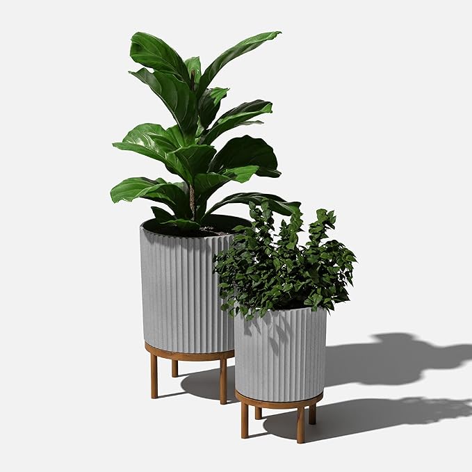 Veradek Demi Series Round Planter w/Stand for Porch/Patio | Durable Plastic-Stone Composite & Wooden Stand | Modern Décor for Tall Plants, Flowers