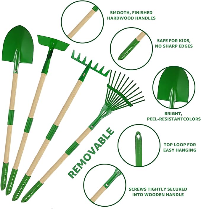 VICHTOP 10Pcs Kids Gardening Tools Set - Wheelbarrow Toys with Shovel, Rake, Hoe and Leaf Rake for Outdoor Backyard Play, STEM Educational Toys, for Toddler Boys & Girls Ages 3 4 5