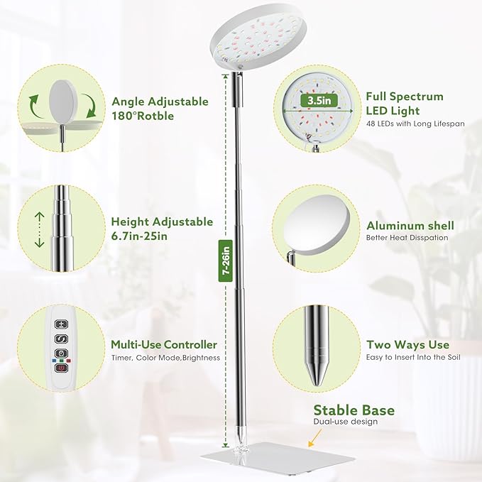 Grow Lights for Indoor Plants Full Spectrum, 48 LEDs Plant Light for Indoor Plants with 2 Mounting Options, 3 Optional Spectrums, 3/9/12Hrs, 10 Brightness, 2 Packs (White)