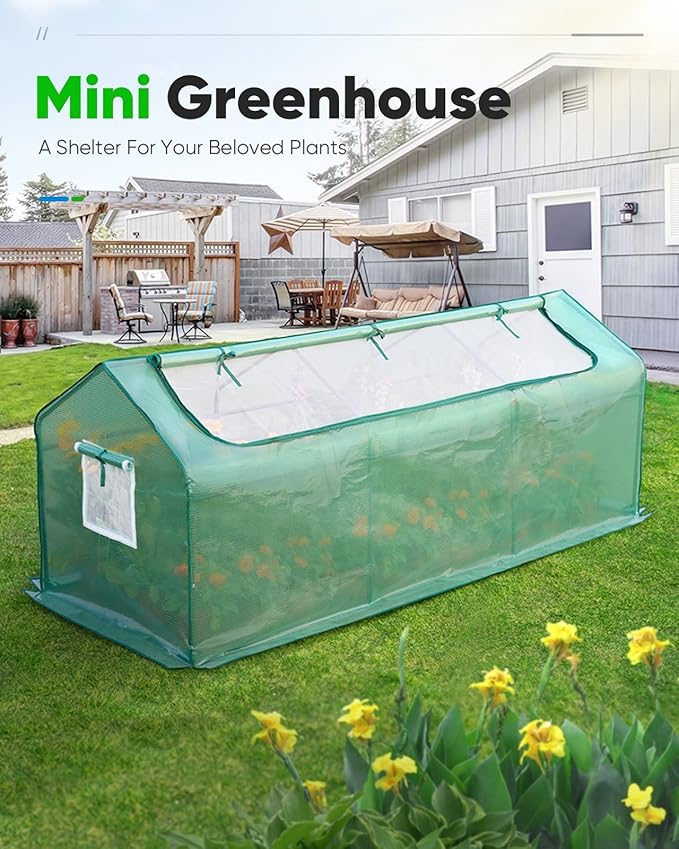 Quictent Mini Greenhouse, Portable Quick-Setup Small Tabletop Waterproof UV Protected PE Cover Shelter for Outdoors/Indoors W/ Raised Base for Garden Plant Seed Starting, 8 Stake, 95"x36"x36", Green