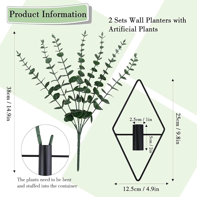 GREENTIME 2 Packs Hanging Planters with 15in Artificial Eucalyptus Plants for Indoor Outdoor Home Bathroom Living Room Wall Decor