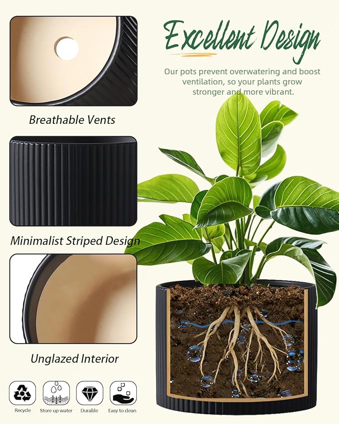 Matte Black Ceramic Plant Pots, 8.1 + 6 Inch Planters for Indoor Plants, Modern Flower Pots with Drainage, Two-Sizes Set