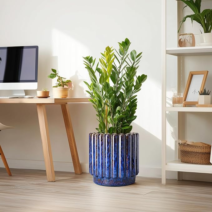 Ceramicfor 12 Inch Pots for Plants - Ceramic Planter Indoor Outdoor, Large Ceramic Flower Pots with Drainage Hole, Fluted Modern Round Planter, Living Room Home Decor, Gifts for Plant Lovers, Blue