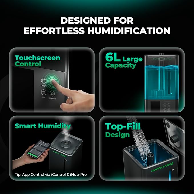 MARS HYDRO 2026 New Plant Humidifier 6L,with Adjustable Humidity,Timer Function,Ultrasonic Precise and Silent Operation,No-Leak Seal for Grow Tent,Indoor Planting,Greenhouse