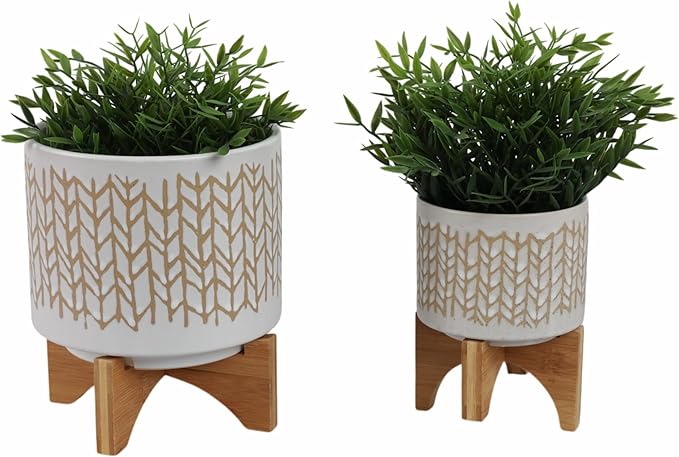 Sagebrook Home Set of 2 Ceramic Planters with Stands - Stoneware Pots with Bamboo Wood Base - Modern Geometric Design for Indoor/Outdoor Plants - Plant Holders for Home & Garden - 11", 7" Ivory & Tan