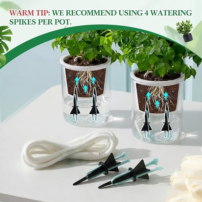 20 Pack Self Watering Spikes for Indoor Outdoor Plants, Automatic Plant Watering Stakes with 32.8ft Capillary Wick Rope, DIY Vacation Plant Waterer for Potted Plants, Seedlings, Garden Pots