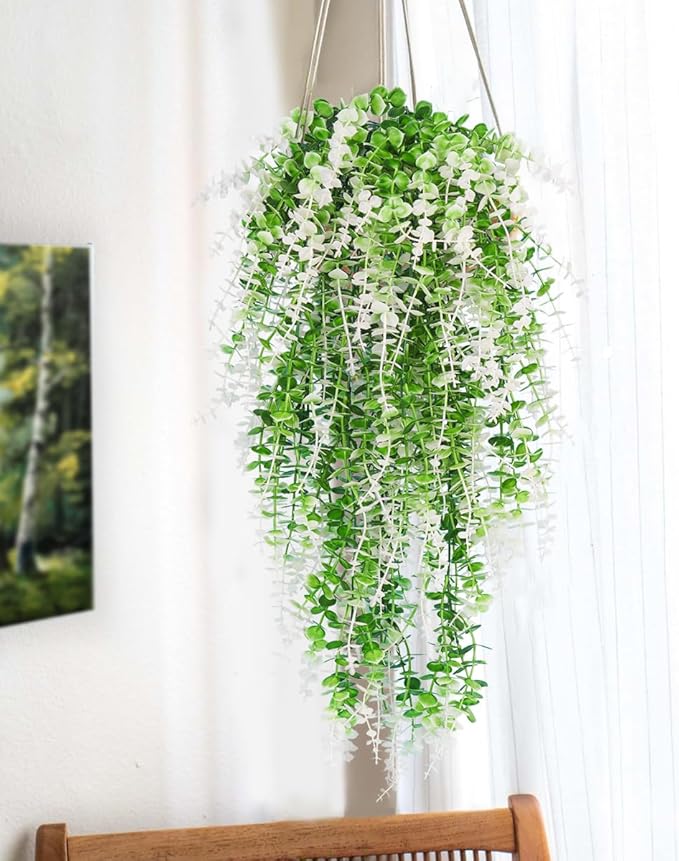 RECUTMS Fake Monkey Plants Hanging Eucalyptus Vines Fake Vines Faux Hanging Plants for Outdoor Garden Yard Backdrop Decor Indoor Room Table Wall Home Hanging Decoration(White)