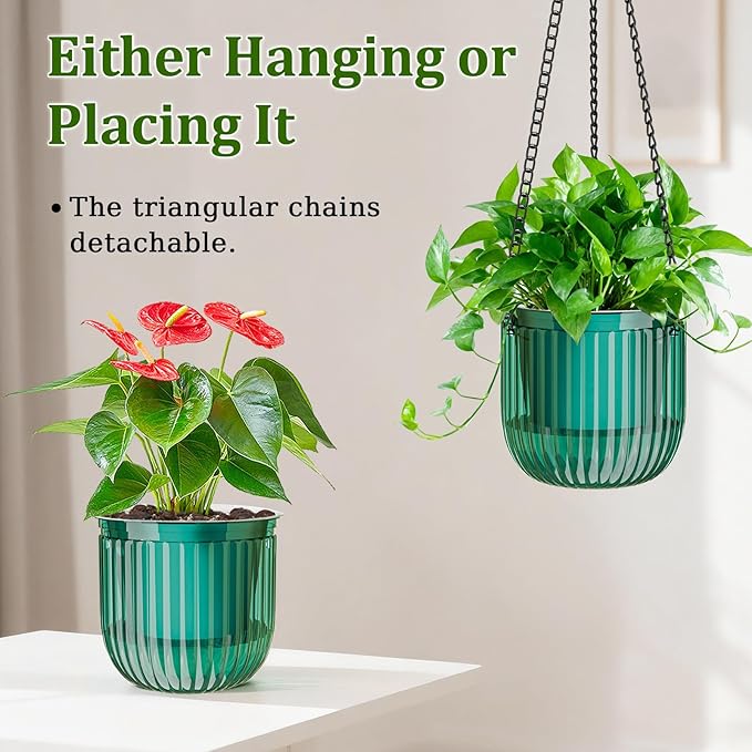 Halatool 8.3 Inch Hanging Pots for Plants Indoor- 2 Pack Self-Watering Hanging Planters Flower Pots, Plant Hanger with Hooks Drainage Holes for Garden Home (Green)