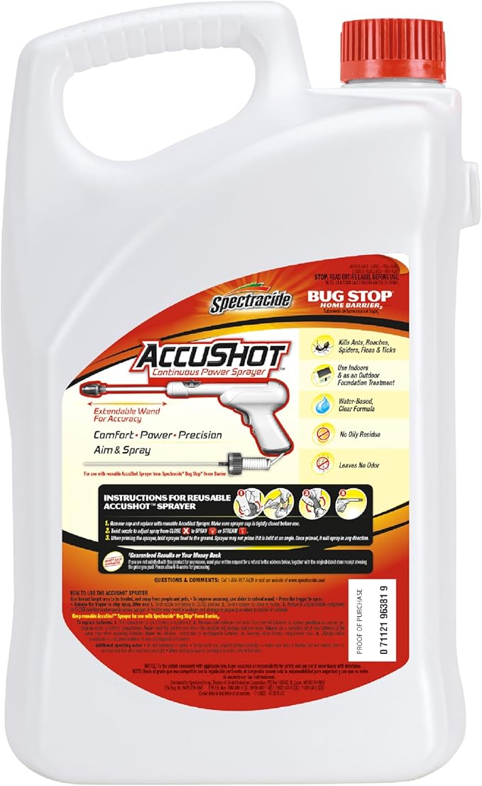 Spectracide Bug Stop Home Barrier2, 1.33 Gallons, AccuShot Refill Kills on Contact for Indoor Plus Outdoor Foundation Treatment Insect Control, Kills Ants, Roaches, Spiders, Fleas, Silverfish