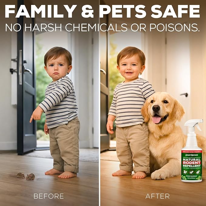 Smart Grower Peppermint Oil Spray for Rodents – Maximum Strength Ready to Use Peppermint Spray for Rodent, Mice, Squirrels – Indoor, Outdoor & Car Engine Protection – 32 oz