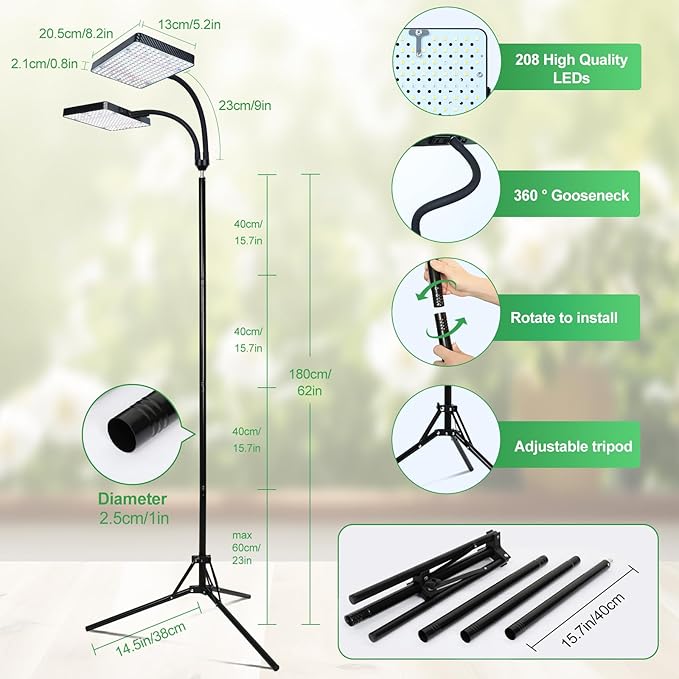FRGROW 2026 2Head Full Spectrum Grow Light with Stand, 50 Watt Bright Grow Lights for Indoor Large Plants, Tall Bonsai Tree, Auto On/Off Daily Timer(4/8/12/16/20H), Adjustable Stand 24"-78"