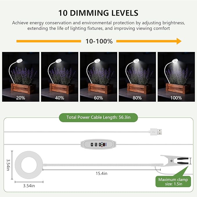 Pot Clip on Grow Lights for Indoor Plants Full Spectrum,LED Plant Lights for Indoor Growing,10-Level Dimmable & Timer,Adjustable Gooseneck Plant Grow Light for Small Plant,Succulents,White 1 Pack