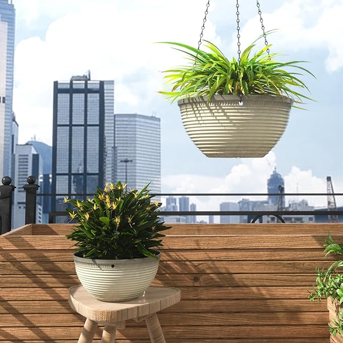Vanslogreen 2 Pack Hanging Planters for Indoor Outdoor Plants, 10 Inch Hanging Planter with Drainage Hole & Plug Glazed Hanging Baskets Flower Pots for Garden Home (Off-White)