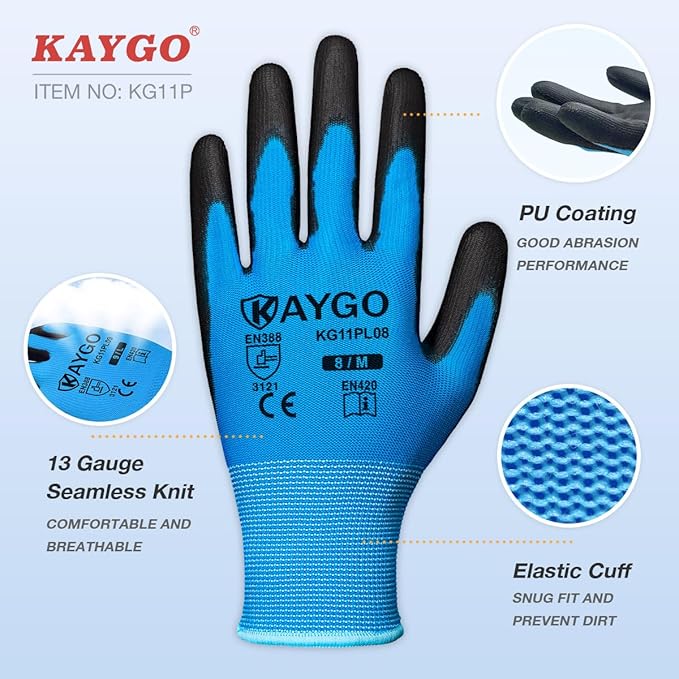 KAYGO Work Gloves for Men and Women, 12 Pairs Seamless Knit PU Coated Safety Gloves, with Smooth Grip on Palm and Fingers, Ideal for Light Warehouse, Manufacturing, Gardening, KG11P (2XL, Blue)