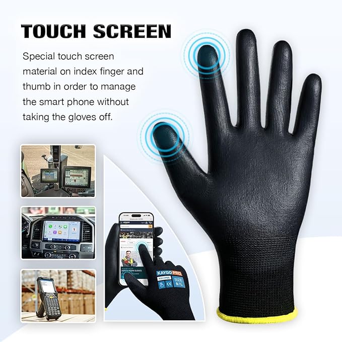 Work Gloves PU Coated for Men and Women, 60 Pairs Safety Work Gloves with Two Fingers Touchscreen, Breathable and Lightweight,Ideal for Light Warehouse, Manufacturing, Gardening, KG11P (M, Black)