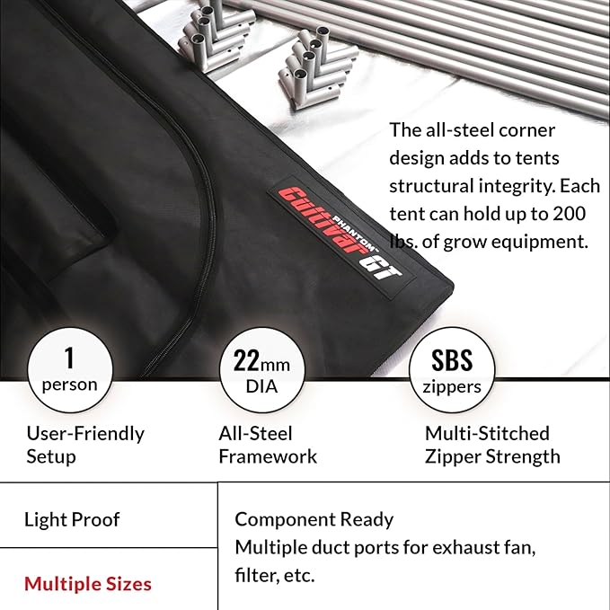 PHANTOM Cultivar GT84 Premium Grow Tent, 96”x48”x80”, Steel Corners, 200 lb Weight Capacity, 22 mm Poles, High Reflectivity Diamond Mylar, Genuine SBS Zippers, 4x8 for Indoor Growing Hydroponics