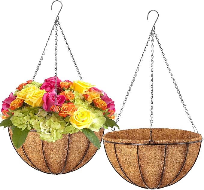LCHUANG Hanging Baskets Planter for Plants - 2 Pack 14 Inch Metal Baskets with Coco Coir Liner, Hanging Flower Pots for Outside with Chain, Indoor Outdoor Garden Porch Decoration (14'' Pack of 2)